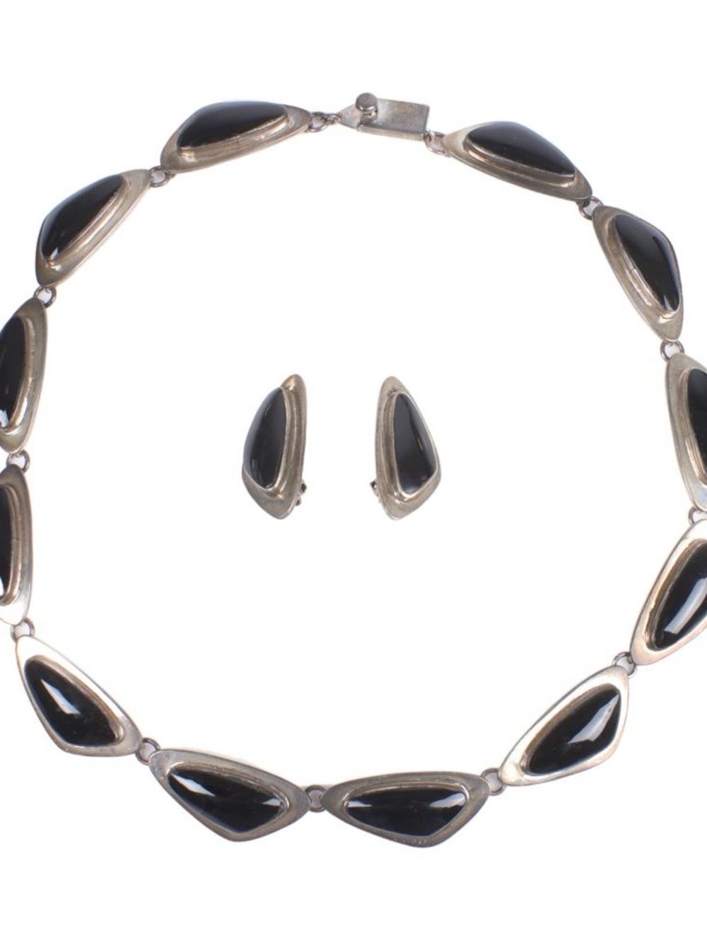 J Gomes Taxco Mexican Sterling Silver Black Onyx Inlay Necklace and Earrings Set